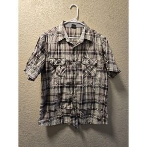 Vese Mens Shirt L Embroidered Button Up Plaid Stitched Floral Design